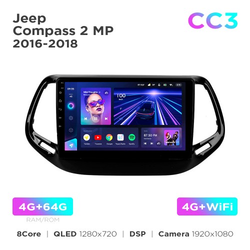 Штатная магнитола Teyes CC3 4+64 Gb Jeep Compass 2 MP 2016-2018 10"