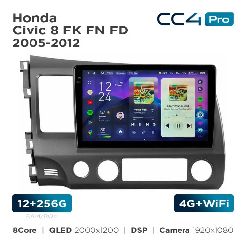 Штатна магнітола Teyes CC4 Pro 2k 12+256 Gb Honda Civic 8 FK FN FD 2005-2012 10"