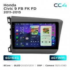 Штатна магнітола Teyes CC4 2k 6+64 Gb Honda Civic 9 FB FK FD 2011-2015 9"
