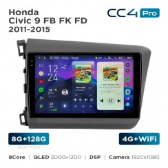 Штатная магнитола Teyes CC4 Pro 2k 8+128 Gb Honda Civic 9 FB FK FD 2011-2015 9"