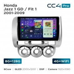 Штатная магнитола Teyes CC4 Pro 2k 8+128 Gb Honda Jazz 1 GD / Fit 1 2001-2009 9"