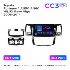 Штатна магнітола Teyes CC3 2k 6+128 Gb Toyota Fortuner 1 AN50 AN60 HILUX Revo Vigo 2008-2014 9"