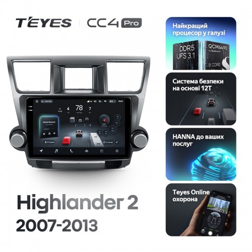 Штатная магнитола Teyes CC4 Pro 2k 8+128 Gb Toyota Highlander 2 XU40 2007-2013 (F1) 10"