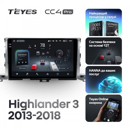 Штатная магнитола Teyes CC4 Pro 2k 8+128 Gb Toyota Highlander 3 XU50 2013-2018 10"