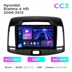 Штатна магнітола Teyes CC3 6+128 Gb 360° Hyundai Elantra 4 HD 2006-2012 9"