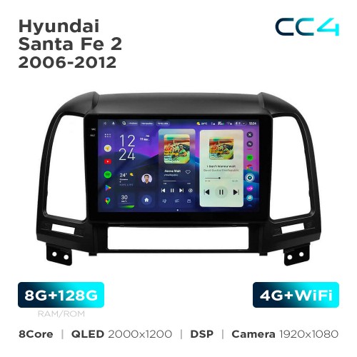 Штатная магнитола Teyes CC4 2k 8+128 Gb Hyundai Santa Fe 2 2006-2012 9"