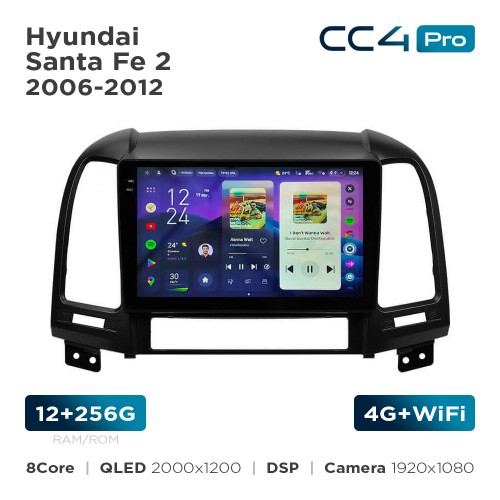 Штатная магнитола Teyes CC4 Pro 2k 12+256 Gb Hyundai Santa Fe 2 2006-2012 9"
