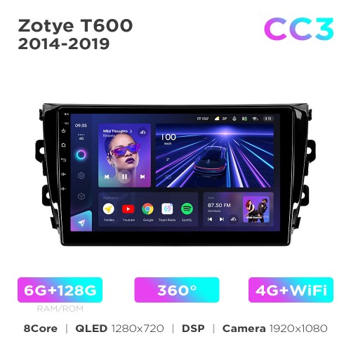 Штатная магнитола Teyes CC3 6+128 Gb 360° Zotye T600 2014-2019 10"