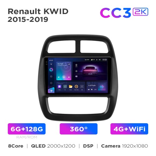 Штатная магнитола Teyes CC3 2k 6+128 Gb 360° Renault KWID 2015-2019 9"