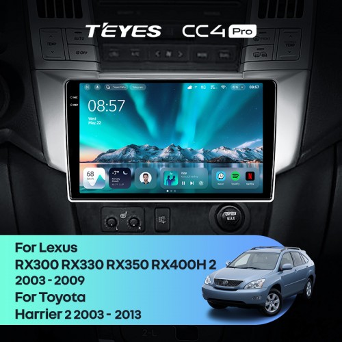 Штатная магнитола Teyes CC4 Pro 2k 8+128 Gb Lexus RX300 RX330 RX350 RX400H / Toyota Harrier 2003-2009 9"