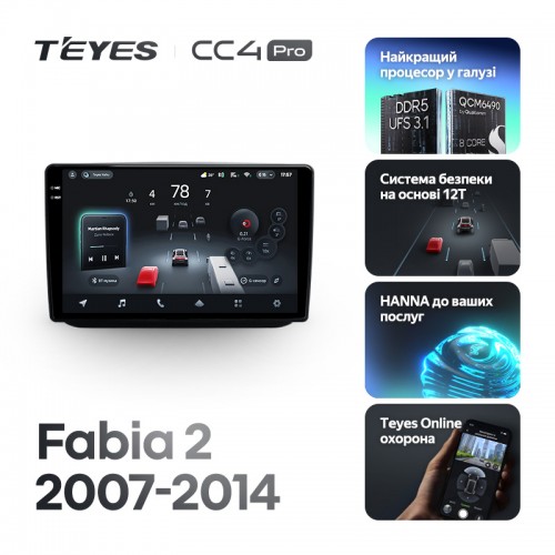 Штатная магнитола Teyes CC4 Pro 2k 8+128 Gb Skoda Fabia 2 2007-2014 10"