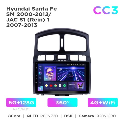 Штатна магнітола Teyes CC3 6+128 Gb 360° Hyundai Santa Fe SM 2000-2012 / JAC S1 (Rein) 1 2007-2013 9"