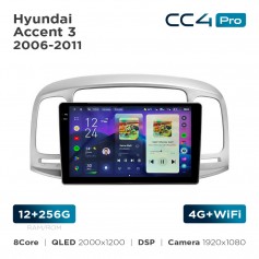 Штатная магнитола Teyes CC4 Pro 2k 12+256 Gb Hyundai Accent 3 2006-2011 9"