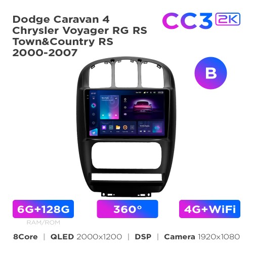 Штатная магнитола Teyes CC3 2k 6+128 Gb 360° Dodge Caravan 4 / Chrysler Voyager RG RS / Town&Country RS 2000-2007 (B) 10"