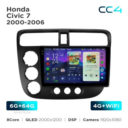 Штатная магнитола Teyes CC4 2k 6+64 Gb Honda Civic 7 2000-2006 9"