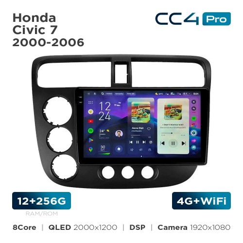 Штатная магнитола Teyes CC4 Pro 2k 12+256 Gb Honda Civic 7 2000-2006 9"