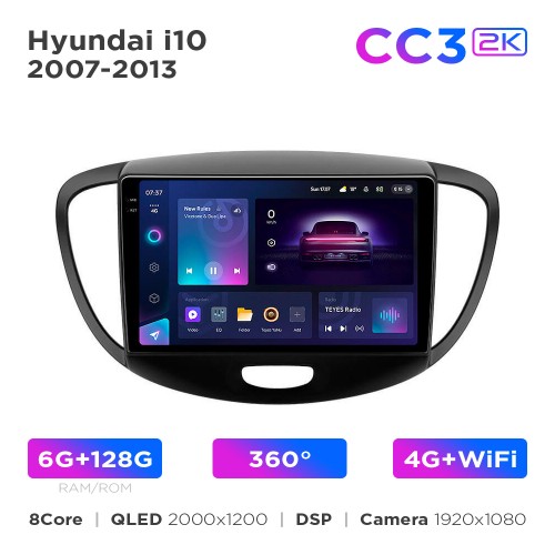 Штатная магнитола Teyes CC3 2k 6+128 Gb 360° Hyundai i10 2007-2013 9"