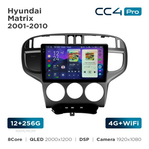 Штатная магнитола Teyes CC4 Pro 2k 12+256 Gb Hyundai Matrix 2001-2010 9"