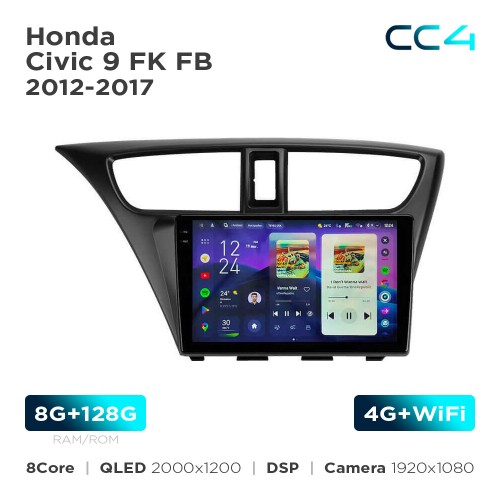 Штатная магнитола Teyes CC4 2k 8+128 Gb Honda Civic 9 FK FB 2012-2017 9"