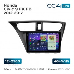 Штатная магнитола Teyes CC4 Pro 2k 12+256 Gb Honda Civic 9 FK FB 2012-2017 9"
