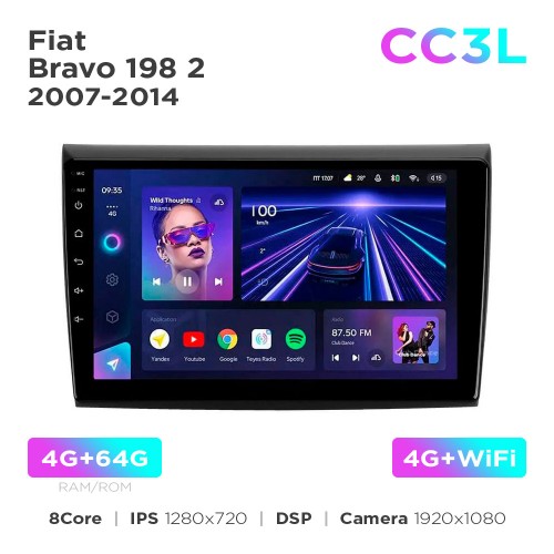 Штатная магнитола Teyes CC3L 4+64 Gb Fiat Bravo 198 2 2007-2014 9"