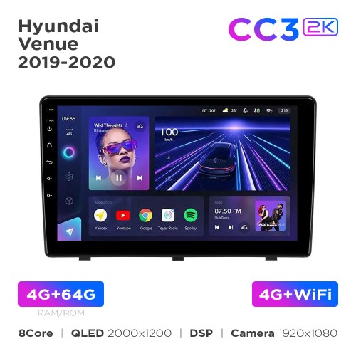 Штатна магнітола Teyes CC3 2k 4+64 Gb Hyundai Venue (1 Din) 2019-2020 9"