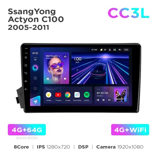 Штатна магнітола Teyes CC3L 4+64 Gb SsangYong Actyon C100 2005-2011 9"
