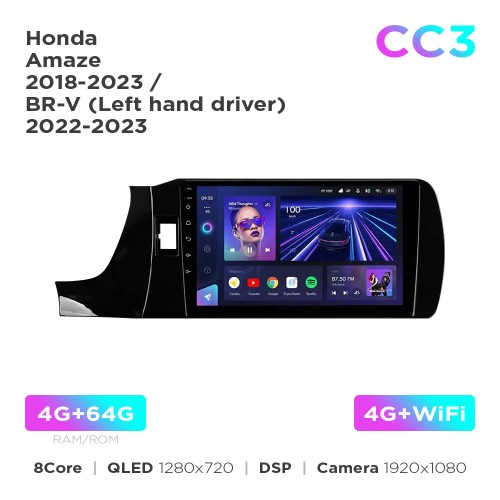 Штатная магнитола Teyes CC3 4+64 Gb Honda Amaze 2018-2023 / BR-V (Left hand driver) 2022-2023 9"