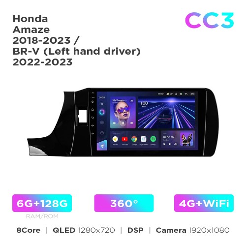 Штатная магнитола Teyes CC3 6+128 Gb 360° Honda Amaze 2018-2023 / BR-V (Left hand driver) 2022-2023 9"