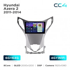 Штатная магнитола Teyes CC4 2k 6+64 Gb Hyundai Azera 2 2011-2014 9"