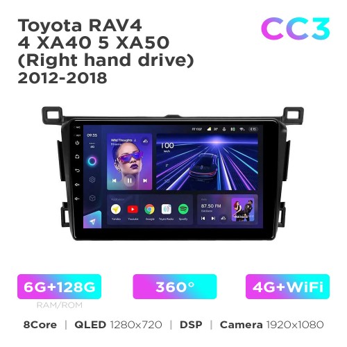 Штатна магнітола Teyes CC3 6+128 Gb 360° Toyota RAV4 4 XA40 5 XA50 (Right hand drive) 2012-2018 9"