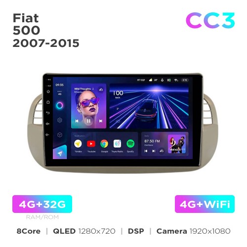 Штатная магнитола Teyes CC3 4+32 Gb Fiat 500 2007-2015 Beige 9"