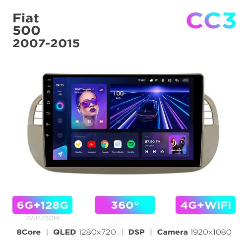 Штатная магнитола Teyes CC3 6+128 Gb 360° Fiat 500 2007-2015 Beige 9"